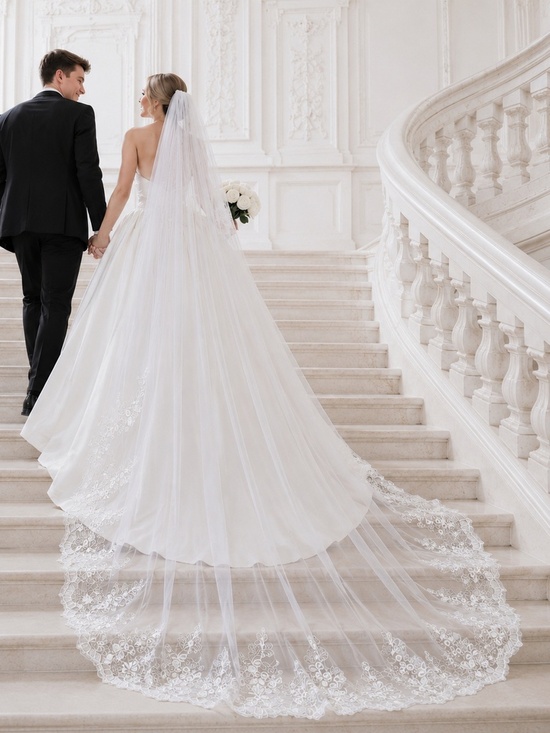 Romantic Bridal Veil with Comb Lace Sequins Long Wedding Veil main image 7
